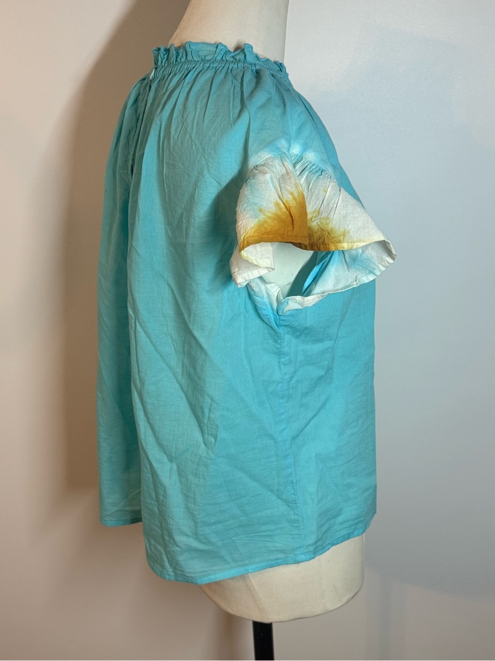 Women’s Turquoise Ruffle-Neck Short Sleeve Top - Picture 2 of 14
